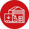 Lagerhalle mit LKW und Kartonsymbol auf rotem Hintergrund.